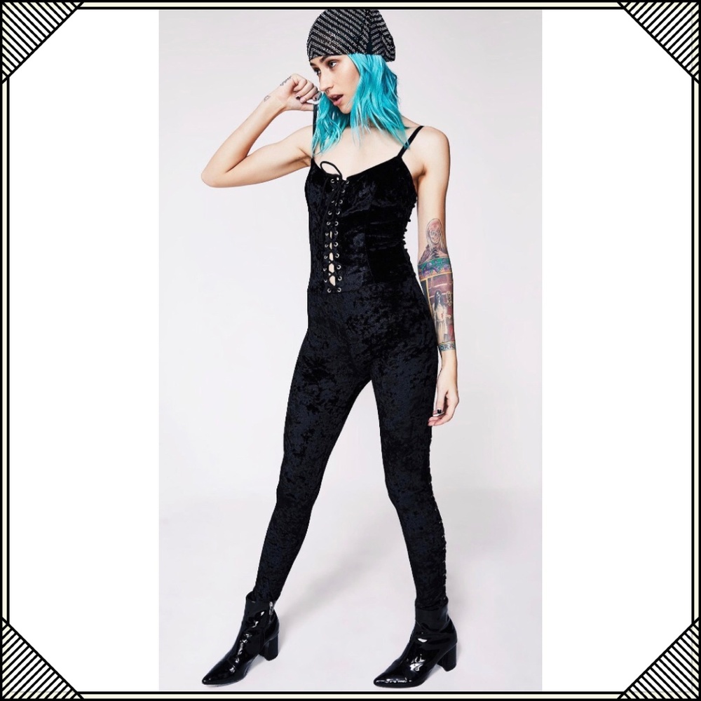 * Sexy Black Jumpsuit * Crushed Velvet * Lace up * - Picture 2 of 8